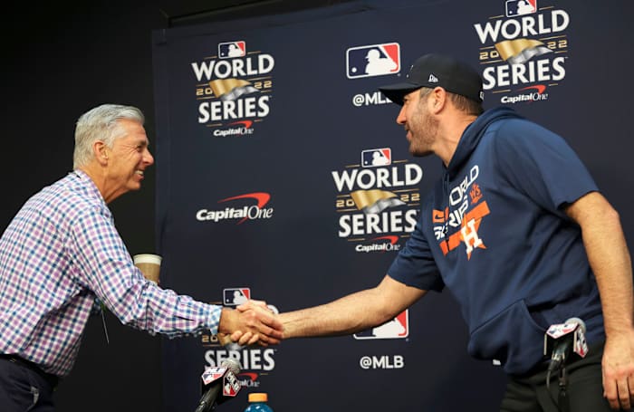 Phillies president of baseball operations Dave Dombrowski shakes Astros ace Justin Verlander’s hand the day before Game 1 of the 2022 World Series.
